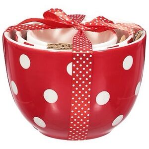 🆕Adorable Ceramic 3 Piece Red/White Nesting Bowl Set